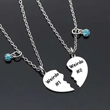 Maxforever Friendship Gift, Weirdo 1 Weirdo 2 Split Heart Stainless Steel Pendant Necklaces BFF Gift for Best Friend (Blue Crystal)