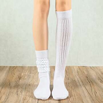 Slouch Socks Women Scrunch Socks Cotton Knit Long Socks Neon Knee High Socks Stacked Socks White One Size