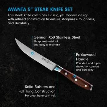 Messermeister Avanta Forged 5” Fine Edge Steak Knife Set - 4 German X50 Stainless Steel Knives