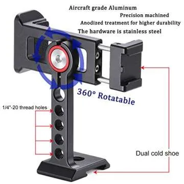 Metal Phone Tripod Mount Adapter - Fits Any Smartphone, Arca Dovetail Quick Release Base, 1/4"-20 Screw Hole,2 Cold Shoe Interface, 360° Rotatable