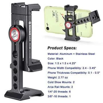 Metal Phone Tripod Mount Adapter - Fits Any Smartphone, Arca Dovetail Quick Release Base, 1/4"-20 Screw Hole,2 Cold Shoe Interface, 360° Rotatable