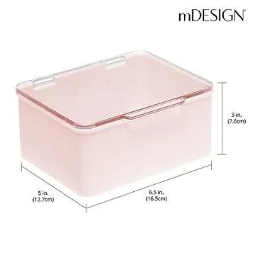 mDesign Plastic Cosmetic Storage Organizer Box Containers, Hinged Lid for Bedroom, Bathroom Vanity Shelf or Cabinet, Holds Masks, Palettes, Nail Polish, Lumiere Collection, Light Pink/Clear