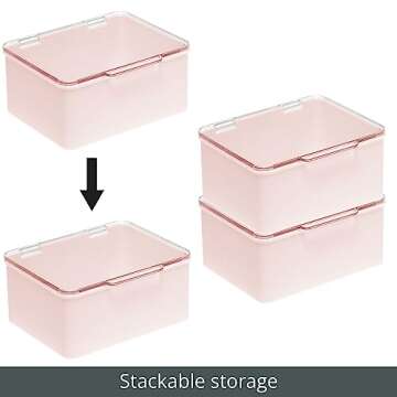mDesign Plastic Cosmetic Storage Organizer Box Containers, Hinged Lid for Bedroom, Bathroom Vanity Shelf or Cabinet, Holds Masks, Palettes, Nail Polish, Lumiere Collection, Light Pink/Clear