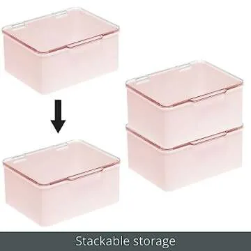 mDesign Plastic Cosmetic Storage Organizer Box Containers, Hinged Lid for Bedroom, Bathroom Vanity Shelf or Cabinet, Holds Masks, Palettes, Nail Polish, Lumiere Collection, Light Pink/Clear