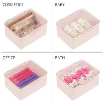 mDesign Plastic Cosmetic Storage Organizer Box Containers, Hinged Lid for Bedroom, Bathroom Vanity Shelf or Cabinet, Holds Masks, Palettes, Nail Polish, Lumiere Collection, Light Pink/Clear