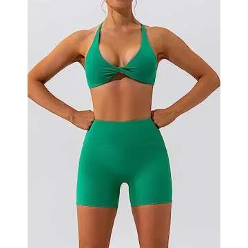 ABOCIW Workout Sets for Women Sexy Twist Front Cross Cross Back Sports Bra High Waist Biker Shorts 2 Piece Gym Yoga Outfits W-Green Small