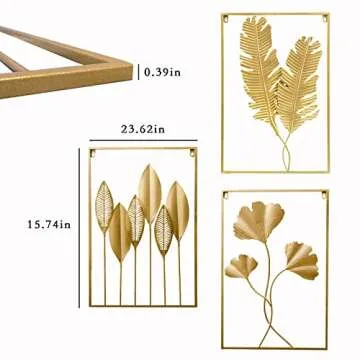 YZDTECH 3 PCS Gold Metal Wall Decor, 24" X 16" Golden Leaf Wall Hanging Decor with Frame, Gold Metal Wall Art for Living Room