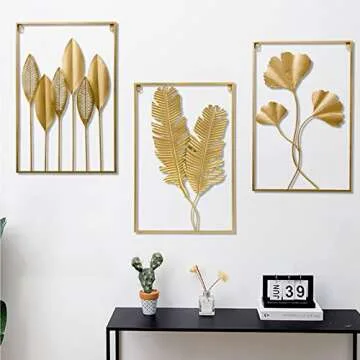 YZDTECH 3 PCS Gold Metal Wall Decor, 24" X 16" Golden Leaf Wall Hanging Decor with Frame, Gold Metal Wall Art for Living Room