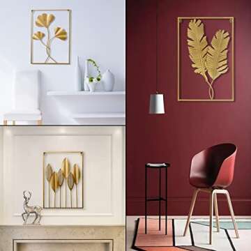 YZDTECH 3 PCS Gold Metal Wall Decor, 24" X 16" Golden Leaf Wall Hanging Decor with Frame, Gold Metal Wall Art for Living Room