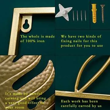 YZDTECH 3 PCS Gold Metal Wall Decor, 24" X 16" Golden Leaf Wall Hanging Decor with Frame, Gold Metal Wall Art for Living Room