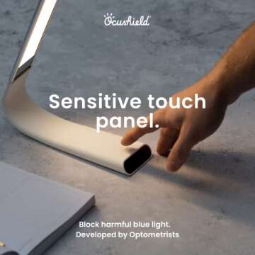 Oculamp by Ocushield Eye Safe Anti Blue Light Desk Lamp, Portable with Touchpad, Dimmable with 3X Color Settings, USB Charging with 20 Hours of Light (Silver)