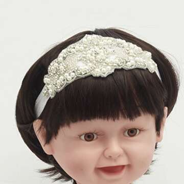 Baptism Headband for Toddler Baby Girl White Rhinestone Headband Accessories (White, 6 Months - 2 Years old)