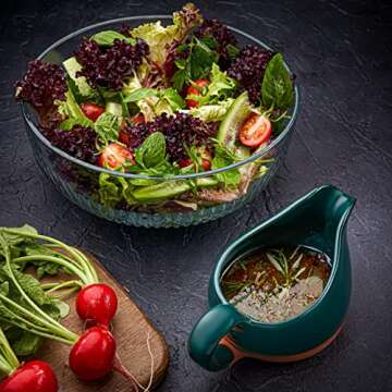 VOSS Living Gravy Boat Hand Crafted Terracotta Clay with Ergonomic Handle 11 Oz - Natural and eco-friendly - Gravy Warming Sauces - Salad Dressing - Microwave Safe (Sea Green)