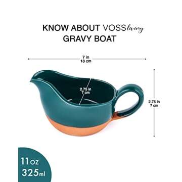 VOSS Living Gravy Boat Hand Crafted Terracotta Clay with Ergonomic Handle 11 Oz - Natural and eco-friendly - Gravy Warming Sauces - Salad Dressing - Microwave Safe (Sea Green)