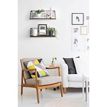 Mkono Floating Shelves Wall Mounted Set of 2 Rustic Wood Storage Display Shelf with Metal Wire Baske...