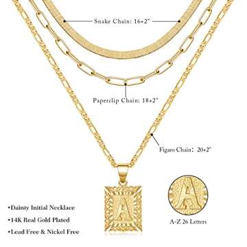 KissYan Gold Layered Initial Necklace Set for Womens, 14K Gold Plated Letter E Pendant Necklaces Paperclip Snake Choker Alphabets from A-Z Figaro Chain Jewelry Gift
