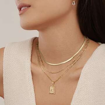 KissYan Gold Layered Initial Necklace Set for Womens, 14K Gold Plated Letter E Pendant Necklaces Paperclip Snake Choker Alphabets from A-Z Figaro Chain Jewelry Gift