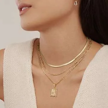 KissYan Gold Layered Initial Necklace Set for Womens, 14K Gold Plated Letter E Pendant Necklaces Paperclip Snake Choker Alphabets from A-Z Figaro Chain Jewelry Gift