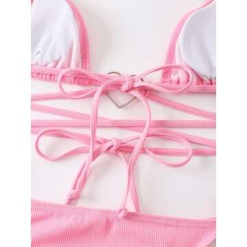 Milumia Women Two Piece Heart Ring Linked Bikini Set Lace Up Tie Halter Swimsuit Pink Small