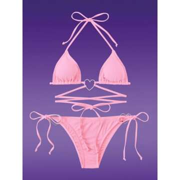 Milumia Women Two Piece Heart Ring Linked Bikini Set Lace Up Tie Halter Swimsuit Pink Small