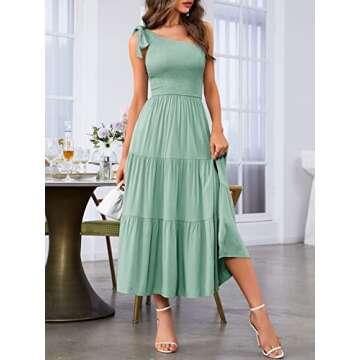 MEROKEETY Women's Summer Bohemian One Shoulder Sleeveless Split Flowy Pleated Midi Dress,Sage,M