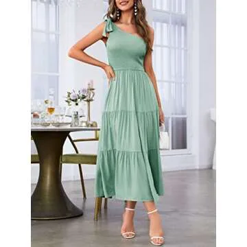 MEROKEETY Women's Summer Bohemian One Shoulder Sleeveless Split Flowy Pleated Midi Dress,Sage,M
