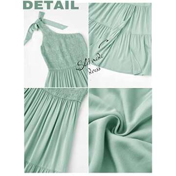 MEROKEETY Women's Summer Bohemian One Shoulder Sleeveless Split Flowy Pleated Midi Dress,Sage,M