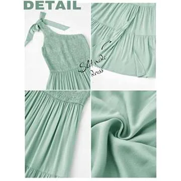 MEROKEETY Women's Summer Bohemian One Shoulder Sleeveless Split Flowy Pleated Midi Dress,Sage,M