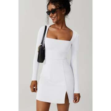 QINSEN White Dress for Womens Long Sleeve Square Neck Bodycon Mini Dress for Casual S