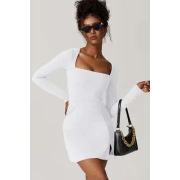 QINSEN White Dress for Womens Long Sleeve Square Neck Bodycon Mini Dress for Casual S