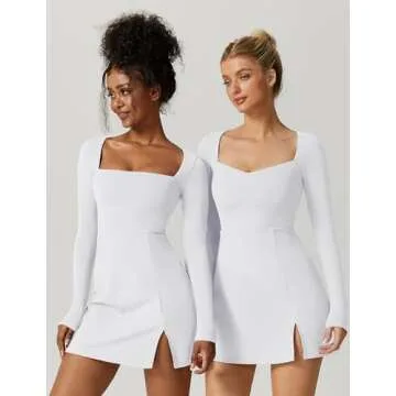 QINSEN White Dress for Womens Long Sleeve Square Neck Bodycon Mini Dress for Casual S