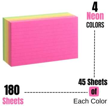 Mr. Pen Lined Neon Study Cards - 180 Cards - Pocket-Sized Ruled Flashcards