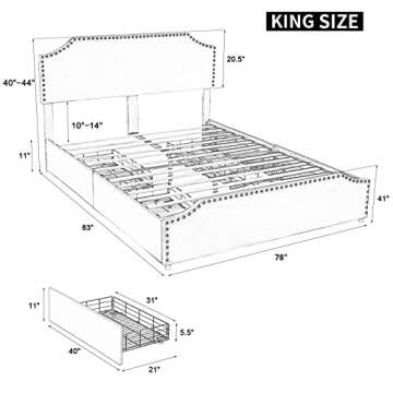 AMERLIFE King Size Bed Frame with 4 Storage Drawers and Headboard, King Velvet Upholstered Platform ...