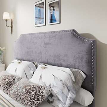 AMERLIFE King Size Bed Frame with 4 Storage Drawers and Headboard, King Velvet Upholstered Platform Bed with Rivet Curved Adjustable Headboard/Strong Wooden Slats/Easy Assembly/Grey