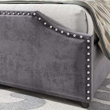 AMERLIFE King Size Bed Frame with 4 Storage Drawers and Headboard, King Velvet Upholstered Platform Bed with Rivet Curved Adjustable Headboard/Strong Wooden Slats/Easy Assembly/Grey