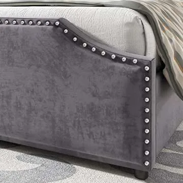 AMERLIFE King Size Bed Frame with 4 Storage Drawers and Headboard, King Velvet Upholstered Platform Bed with Rivet Curved Adjustable Headboard/Strong Wooden Slats/Easy Assembly/Grey