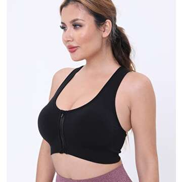 AKAMC Women's Zip Front Sports Bra Seamless Post-Surgery Bra Active Yoga Sports Bras,Large