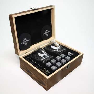 Cool Stones Whiskey Glass Gift Set - 2 Whiskey Glasses and Whiskey Stones with Tongs in Velvet Bag A...