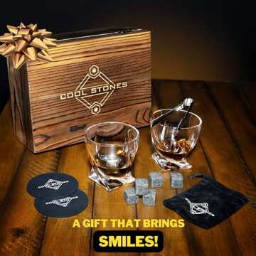Cool Stones Whiskey Glass Gift Set - 2 Whiskey Glasses and Whiskey Stones with Tongs in Velvet Bag All Presented in an Elegant Wooden Box for Men (Vintage-Wood-Vintage-Rocks)