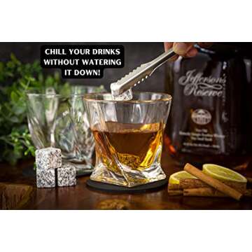 Cool Stones Whiskey Glass Gift Set - 2 Whiskey Glasses and Whiskey Stones with Tongs in Velvet Bag All Presented in an Elegant Wooden Box for Men (Vintage-Wood-Vintage-Rocks)