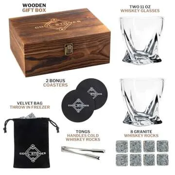 Cool Stones Whiskey Glass Gift Set - 2 Whiskey Glasses and Whiskey Stones with Tongs in Velvet Bag All Presented in an Elegant Wooden Box for Men (Vintage-Wood-Vintage-Rocks)