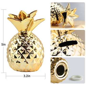 iefoah Pineapple Girls Piggy Bank Ceramic Pineapples Shape Cans Decorative Kids Adults Piggy Bank for Home Bedroom Party Decorations Valentine's Day Kid's Birthday Gifts (Gold)