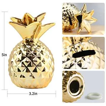 iefoah Pineapple Girls Piggy Bank Ceramic Pineapples Shape Cans Decorative Kids Adults Piggy Bank for Home Bedroom Party Decorations Valentine's Day Kid's Birthday Gifts (Gold)
