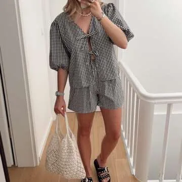 DSORVICD Women 2 Piece Pajama Set Tie Front Short Puff Sleeve Peplum Top + High Waist Gingham Shorts Lounge Outfits Sleepwear