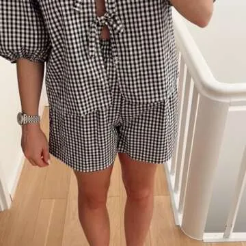 DSORVICD Women 2 Piece Pajama Set Tie Front Short Puff Sleeve Peplum Top + High Waist Gingham Shorts Lounge Outfits Sleepwear
