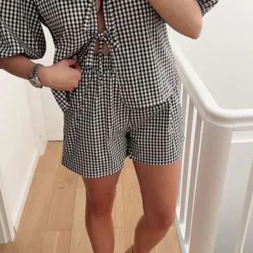 DSORVICD Women 2 Piece Pajama Set Tie Front Short Puff Sleeve Peplum Top + High Waist Gingham Shorts Lounge Outfits Sleepwear