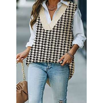 Viottiset Women's Oversized V Neck Houndstooth Sweater Vest
