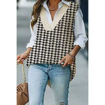 Viottiset Women's Oversized V Neck Houndstooth Sweater Vest