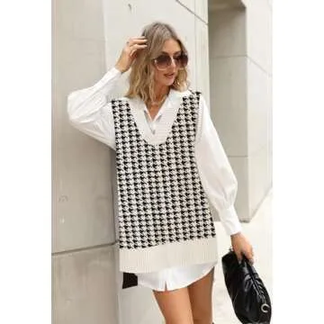 Viottiset Women's Oversized V Neck Houndstooth Sweater Vest