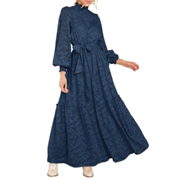MITILLY Women's Fall Dresses Elegant Floral High Neck Long Sleeve Elastic Waist Formal Maxi Dress wi...